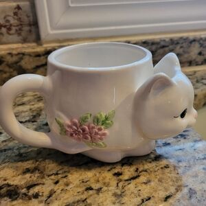 CLEARANCE Charming White Cat Mug with Floral Design